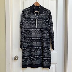 Eddie Bauer Engage Charcoal Grey Fair Isle Mock Neck Half Zip Sweater Dress. L